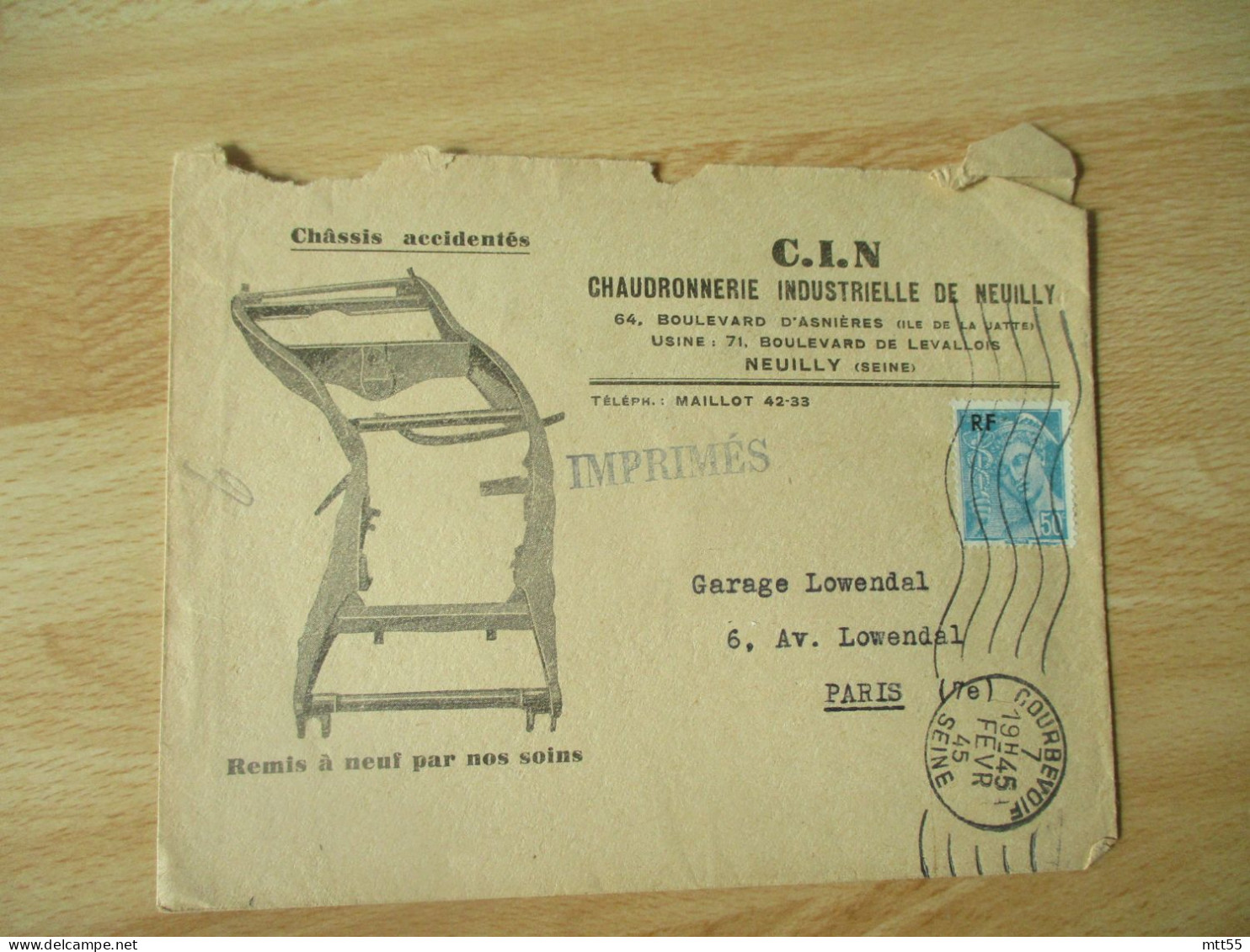 7 FEVRIER 1945 TIMBRE MERCURE SURCHARGE RF TIMBRE SEUL SUR LETTRE - Cartas & Documentos