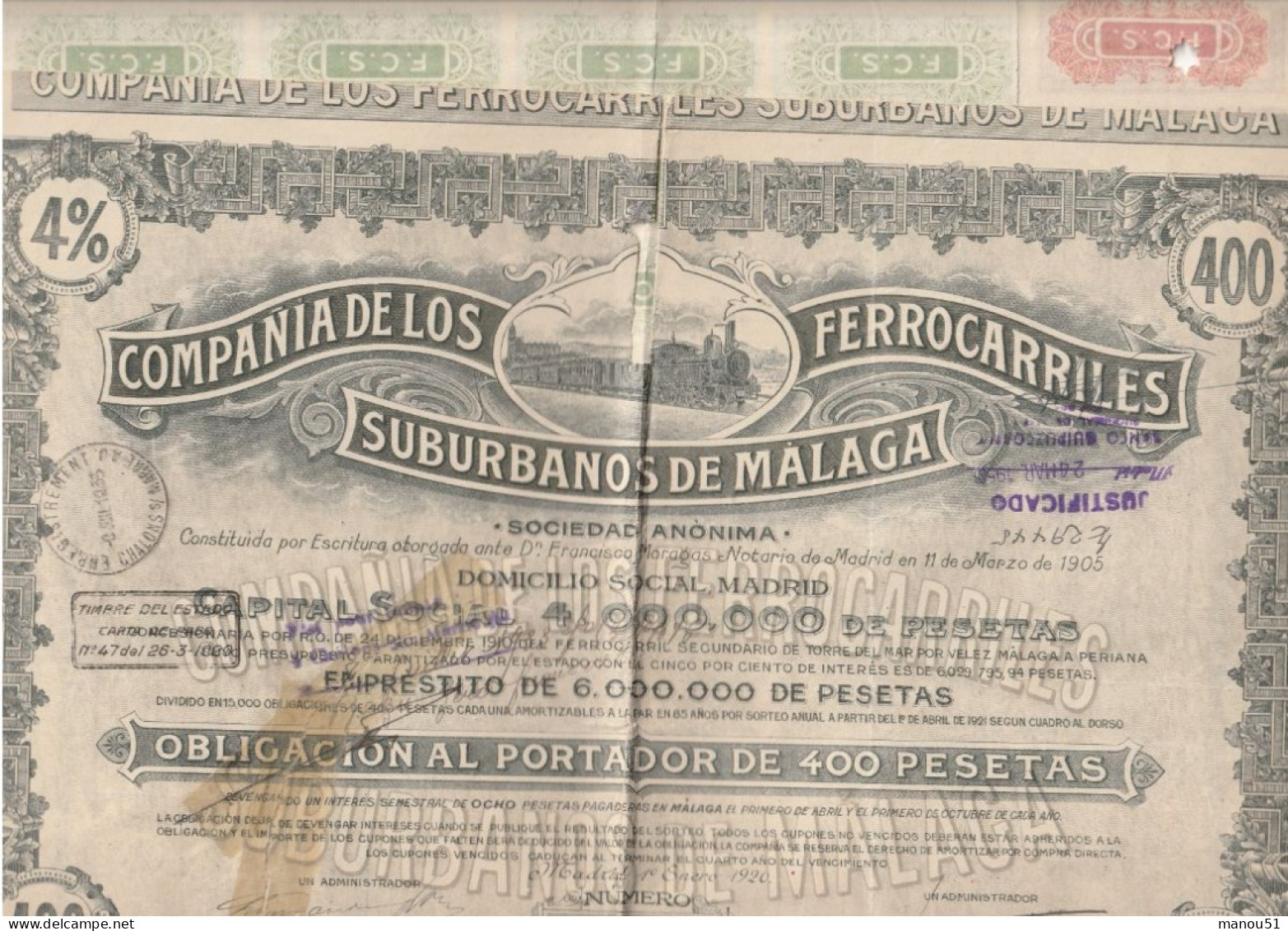 OBLIGATION De 400 Pesetas - Compania De Los Ferrocarriles Suburbanos De Malaga  4% - M - O