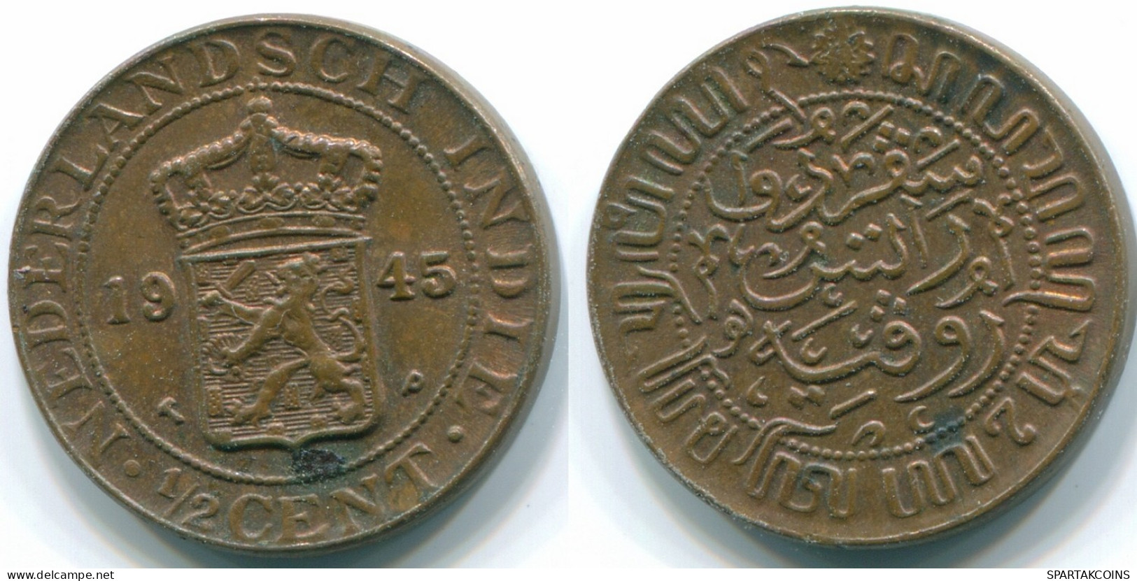1/2 CENT 1945 NETHERLANDS EAST INDIES INDONESIA Bronze Colonial Coin #S13089.U.A - Nederlands-Indië