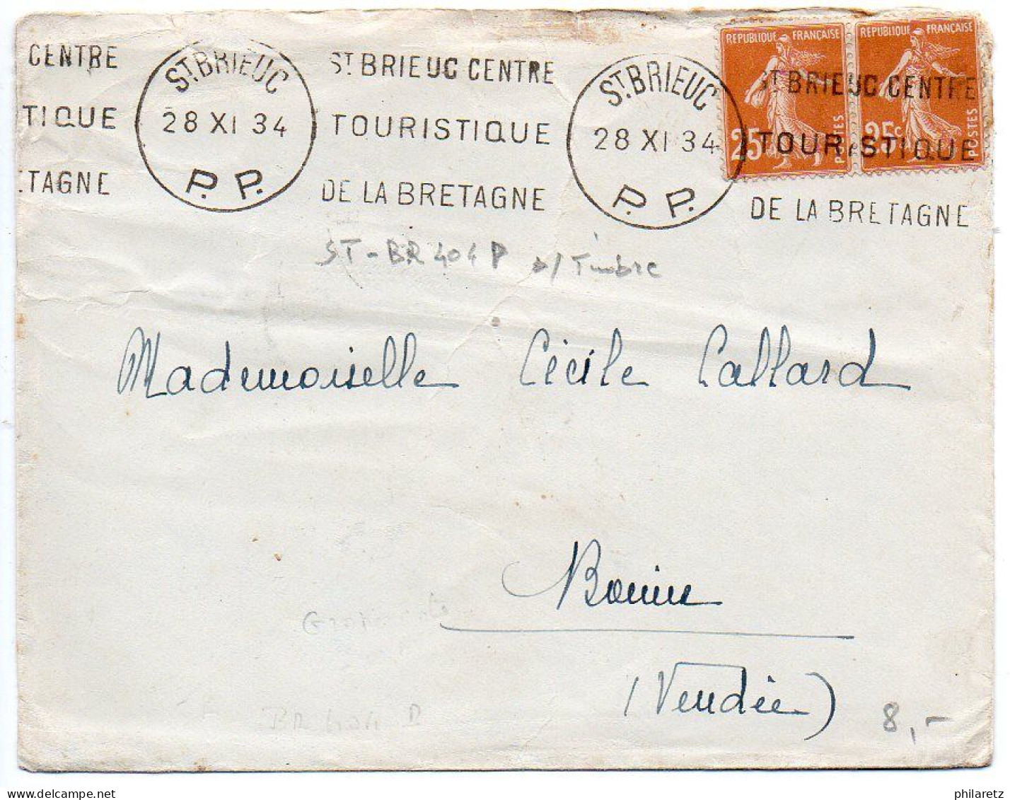 Flamme Dreyfuss ST-BR404P (Port-Payé) - 'St Brieuc Centre / Touristique / De La Bretagne' De 1934 Sur Timbres - Maschinenstempel (Werbestempel)