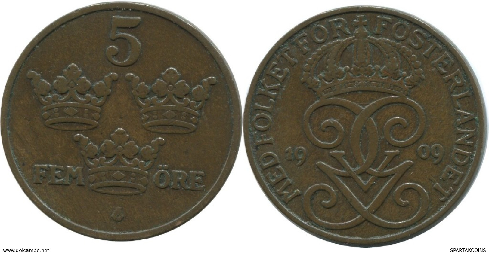 5 ORE 1909 SWEDEN Coin #AC561.2.U.A - Sweden