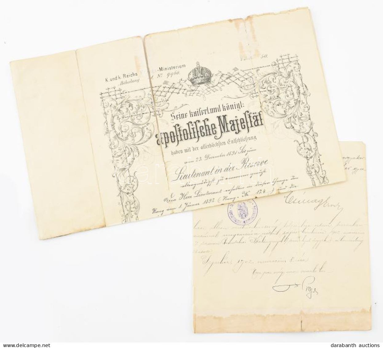 1891 Tartalékos Hadnagyi Kinevező Oklevél, Szakadt állapotban - Autres & Non Classés