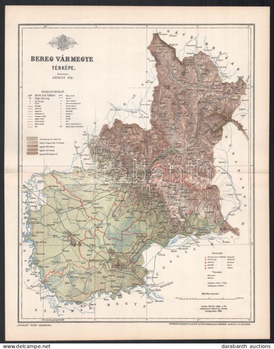 1896 Bereg Vármegye Térképe, Tervezte: Gönczy Pál, 1 : 400.000, Bp., Posner Károly Lajos és Fia, A Pallas Nagy Lexikona  - Sonstige & Ohne Zuordnung