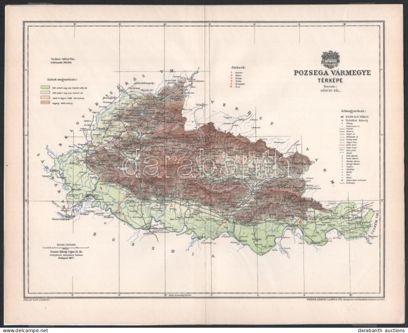 1897 Pozsega Vármegye Térképe, Tervezte: Gönczy Pál, 1 : 570.000, Bp., Posner Károly Lajos és Fia, A Pallas Nagy Lexikon - Sonstige & Ohne Zuordnung