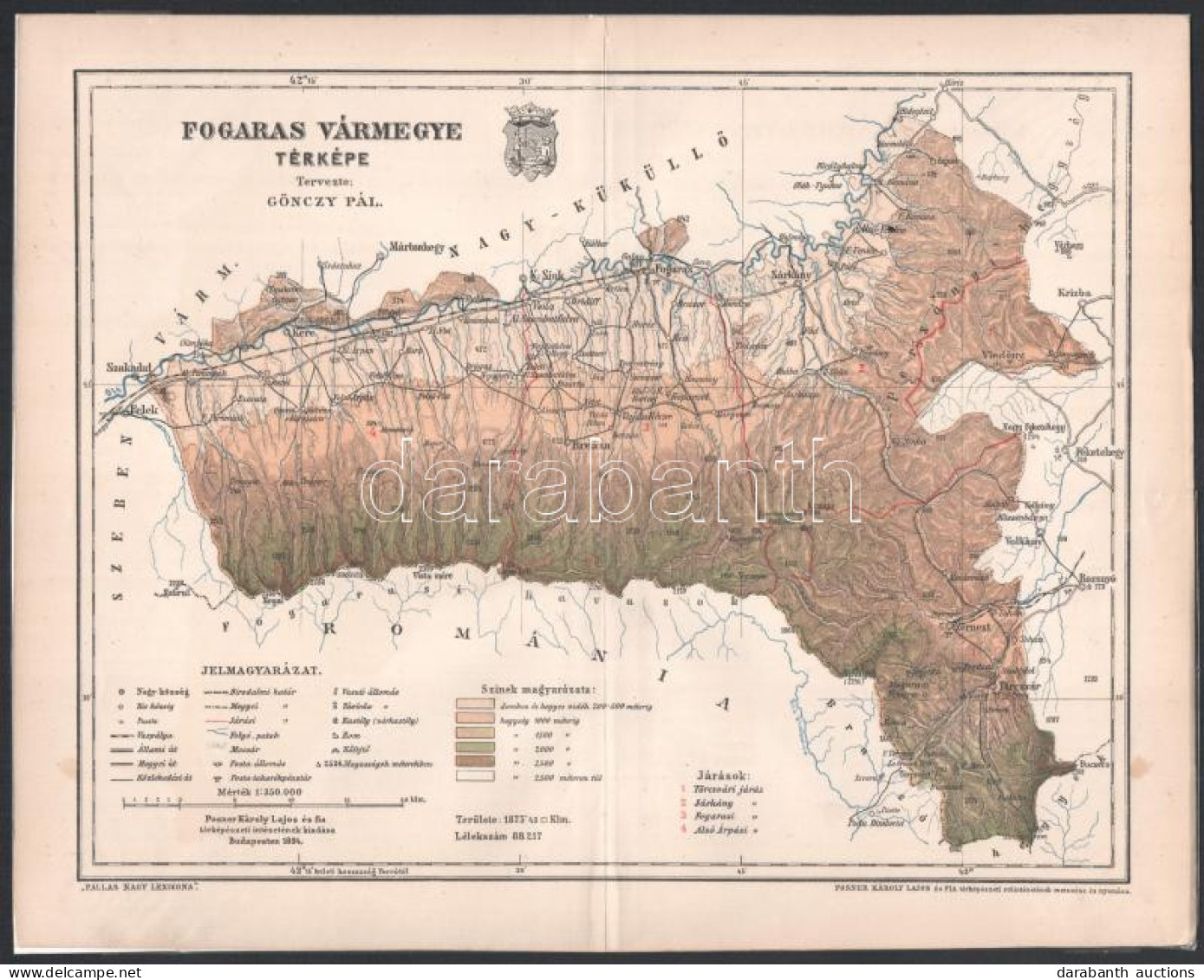 1894 Fogaras Vármegye Térképe, Tervezte: Gönczy Pál, 1 : 350.000, Bp., Posner Károly Lajos és Fia, A Pallas Nagy Lexikon - Andere & Zonder Classificatie