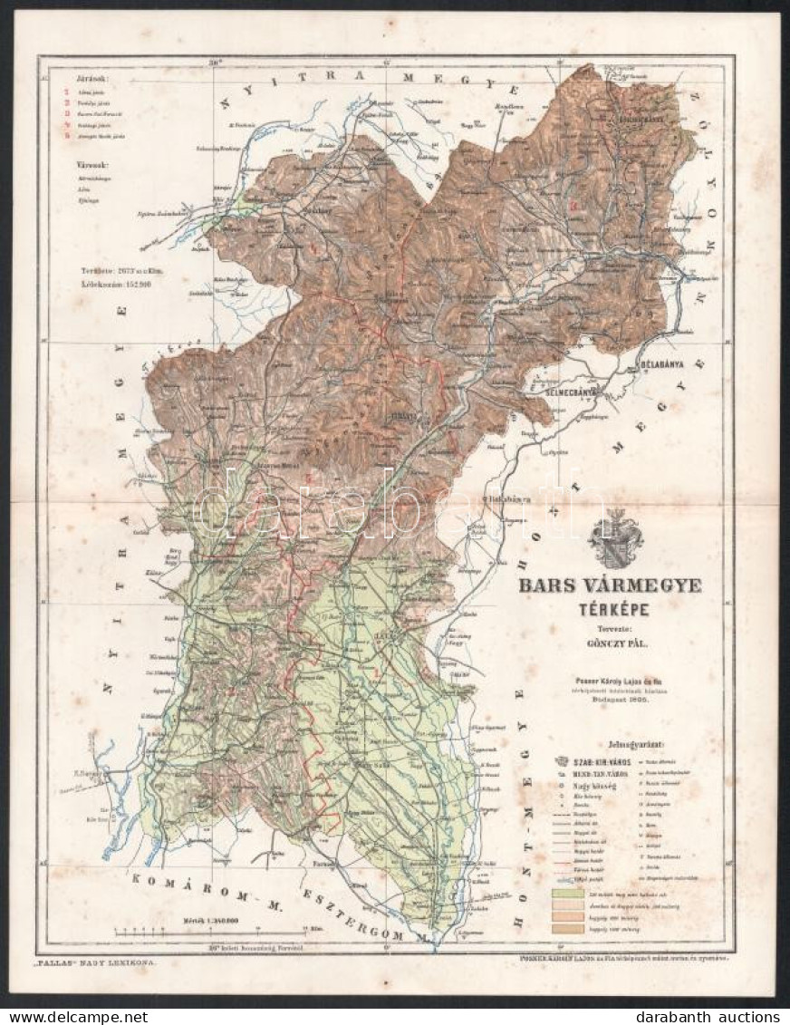 1895 Bars Vármegye Térképe, Tervezte: Gönczy Pál, 1 : 340.000, Bp., Posner Károly Lajos és Fia, A Pallas Nagy Lexikona M - Autres & Non Classés