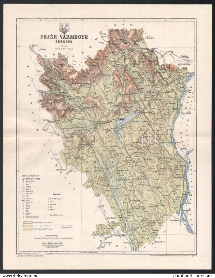 1896 Fejér Vármegye Térképe, Tervezte: Gönczy Pál, 1 : 300.000, Bp., Posner Károly Lajos és Fia, A Pallas Nagy Lexikona  - Sonstige & Ohne Zuordnung