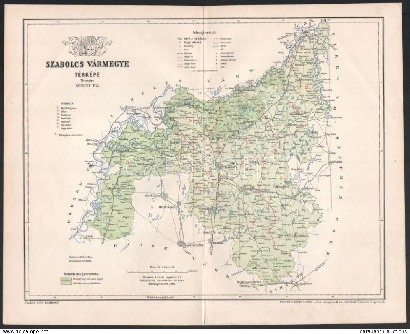 1897 Szabolcs Vármegye Térképe, Tervezte: Gönczy Pál, 1 : 540.000, Bp., Posner Károly Lajos és Fia, A Pallas Nagy Lexiko - Sonstige & Ohne Zuordnung