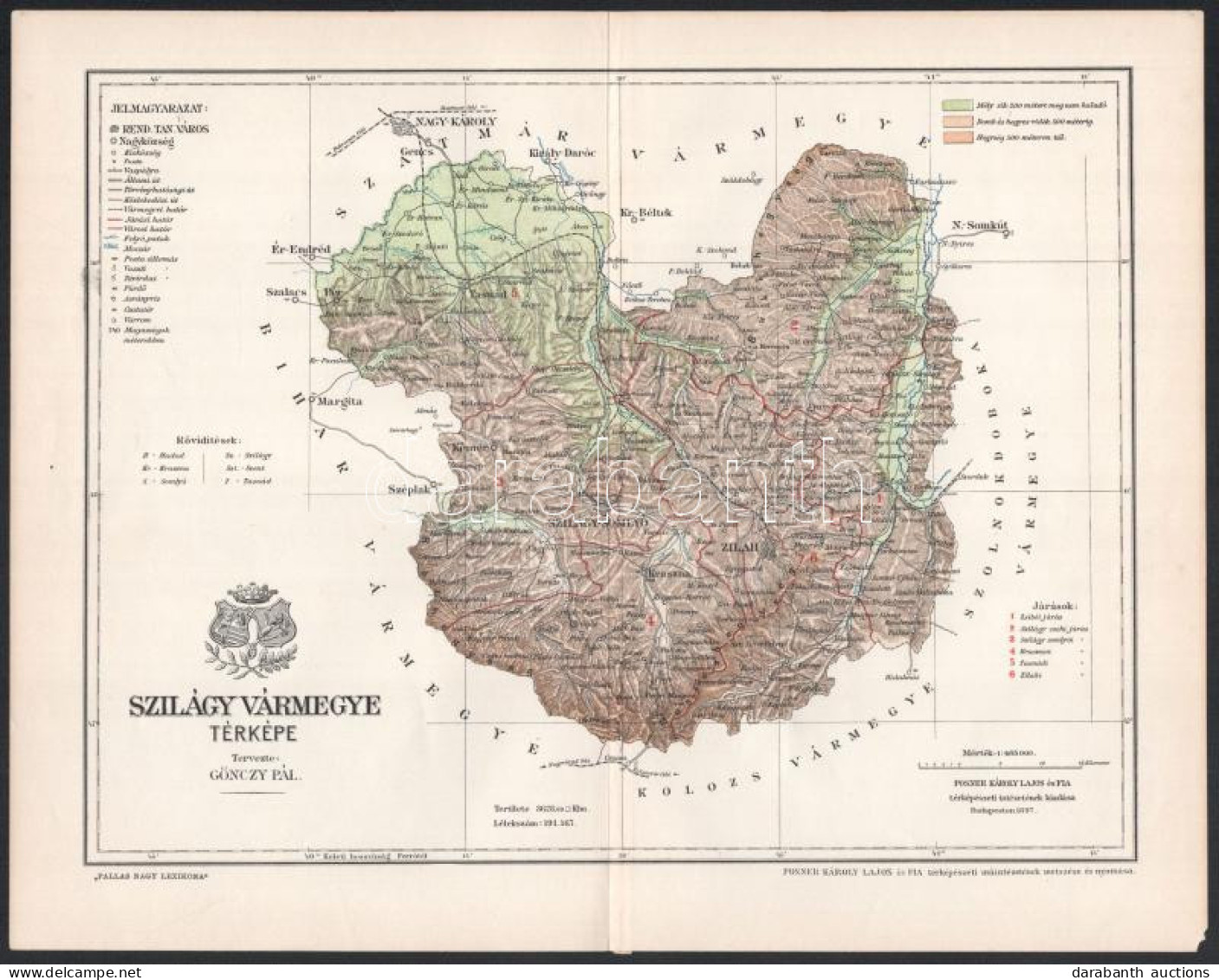 1897 Szilágy Vármegye Térképe, Tervezte: Gönczy Pál, 1 : 465.000, Bp., Posner Károly Lajos és Fia, A Pallas Nagy Lexikon - Other & Unclassified