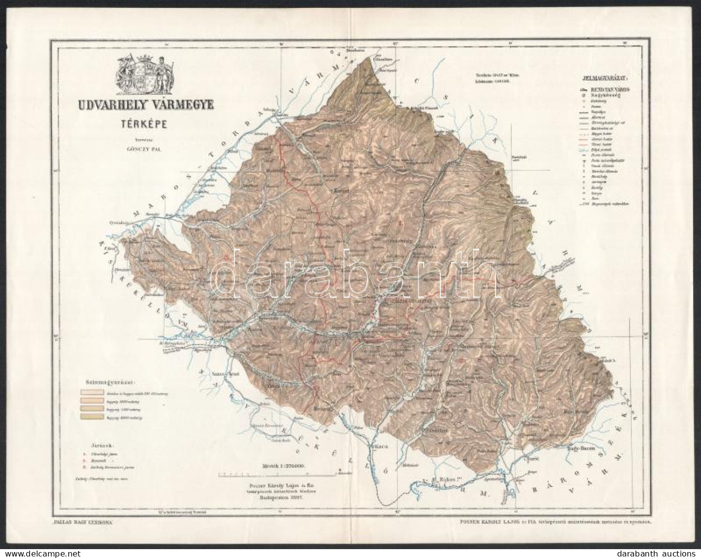 1897 Udvarhely Vármegye Térképe, Tervezte: Gönczy Pál, 1 : 370.000, Bp., Posner Károly Lajos és Fia, A Pallas Nagy Lexik - Autres & Non Classés