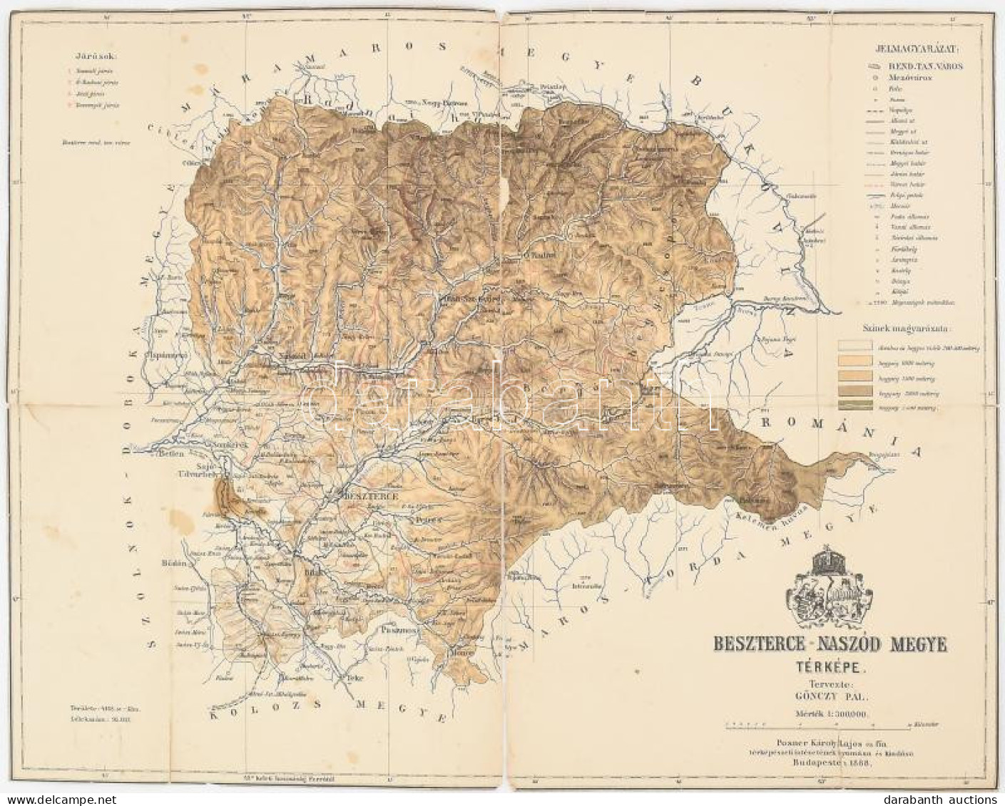 1888 Beszterce-Naszód Megye Térképe, Tervezte: Gönczy Pál, 1:300.000, Bp., Posner, Körbevágva, Szakadt, Foltos, Javított - Sonstige & Ohne Zuordnung