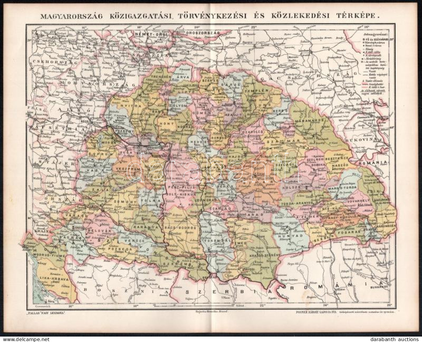 Cca 1900 Magyarország Közigazgatási, Törvénykezési és Közlekedési Térképe, Rajzolta: Homolka József, Pallas Nagy Lexikon - Other & Unclassified