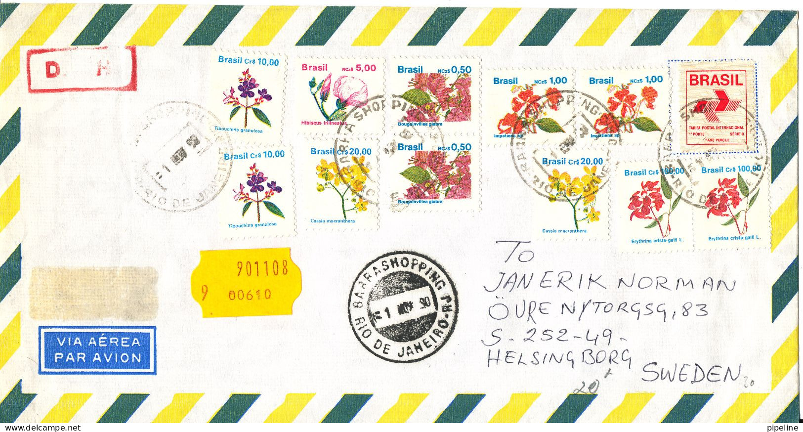 Brazil Air Mail Cover Sent To Sweden Rio De Janeiro 1-11-1990 With A Lot Of Topic Stamps FLOWERS - Airmail