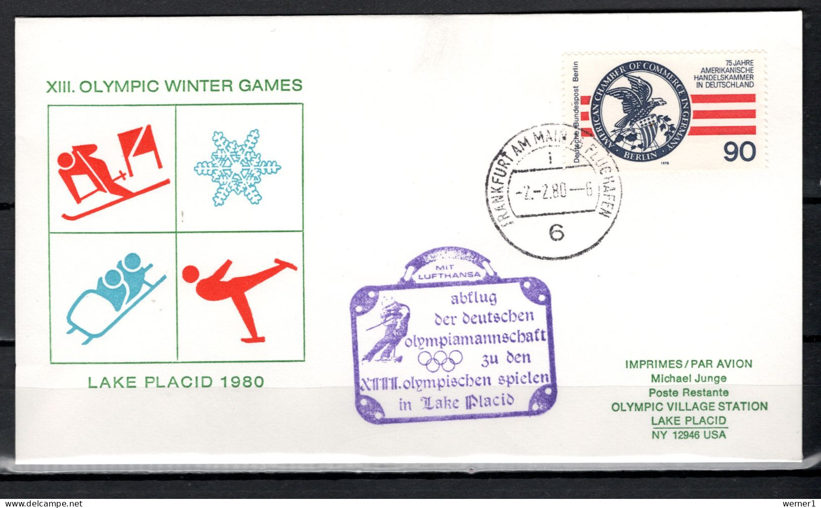 Germany 1980 Olympic Games Lake Placid Commemorative Flight Cover Departure Of German Team - Winter 1980: Lake Placid