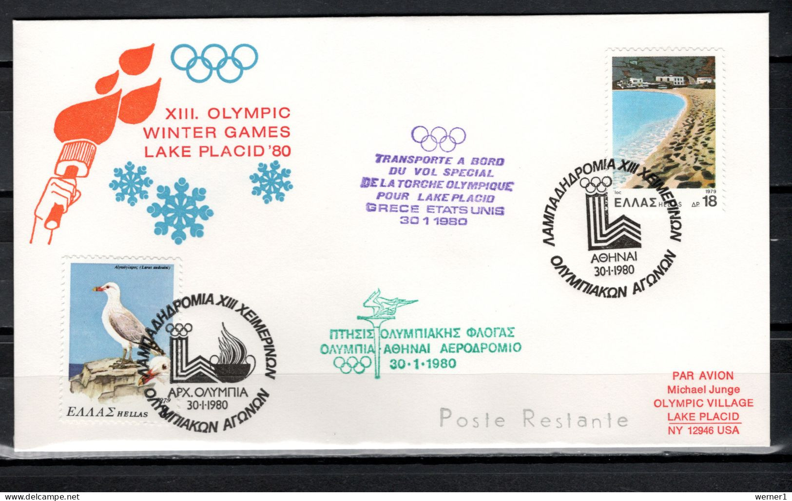 Greece 1980 Olympic Games Lake Placid Commemorative Flight Cover Torch Transport To USA - Invierno 1980: Lake Placid