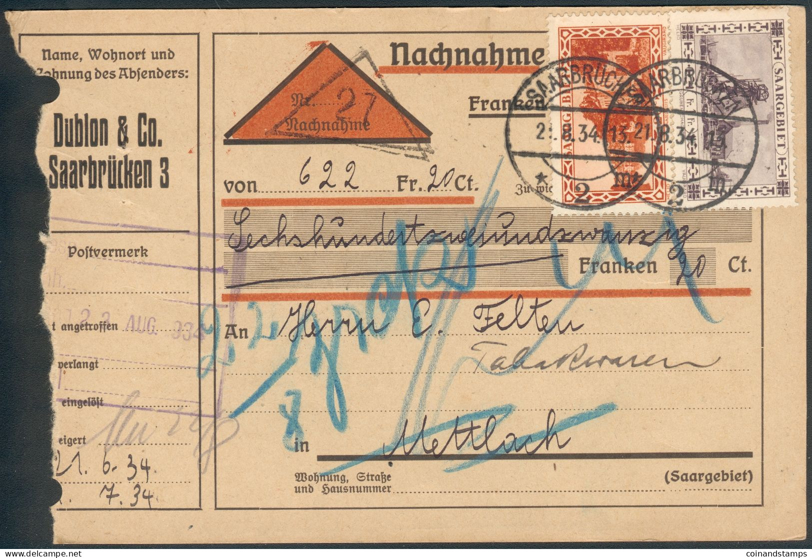 Deutsche Abstimmungsgbiete Saargebiet Nachnahmepaketkarte über 622 Fr. 20 Ct. 1934 Nach Mettlach - Cartas & Documentos