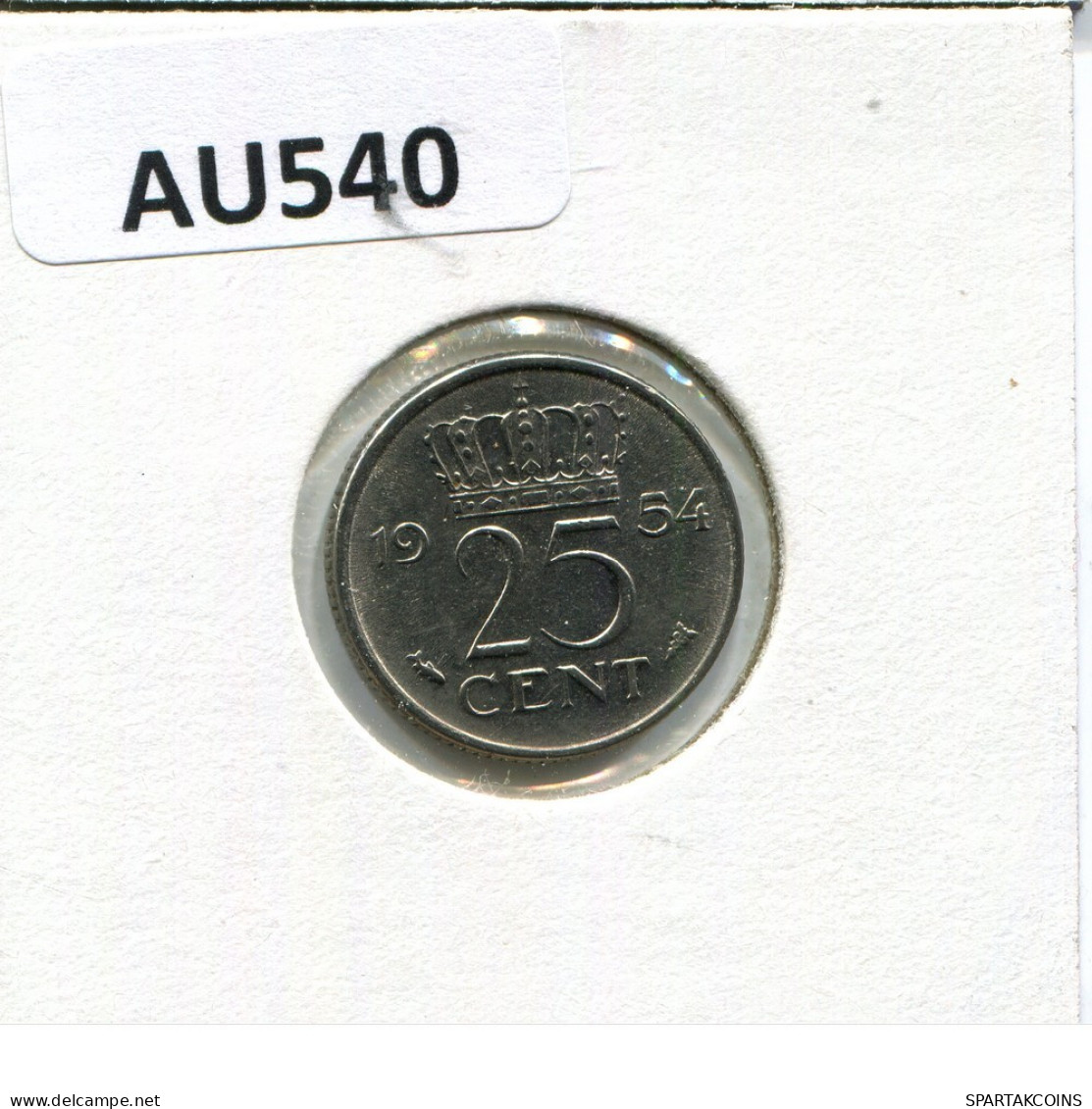 25 CENTS 1954 NETHERLANDS Coin #AU540.U.A - 1948-1980: Juliana