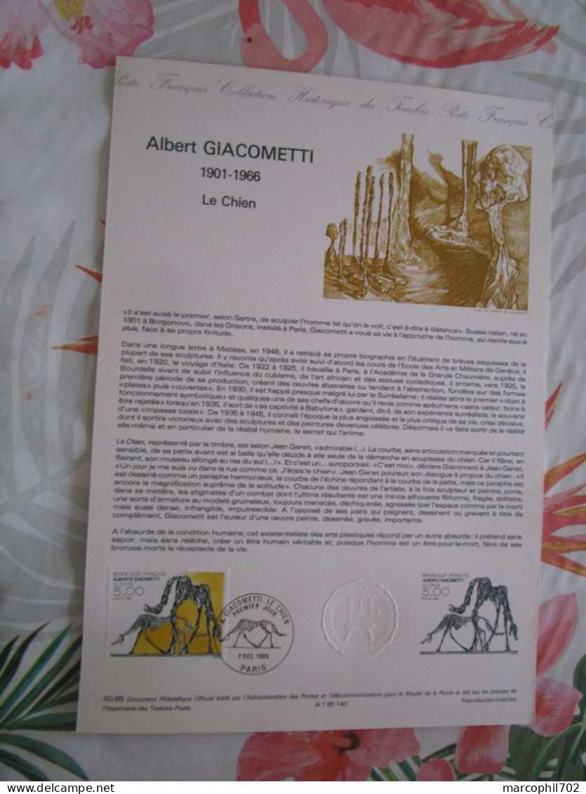 Document Officiel Tableau Albert Giacometti Le Chien 7/12/85 - Postdokumente