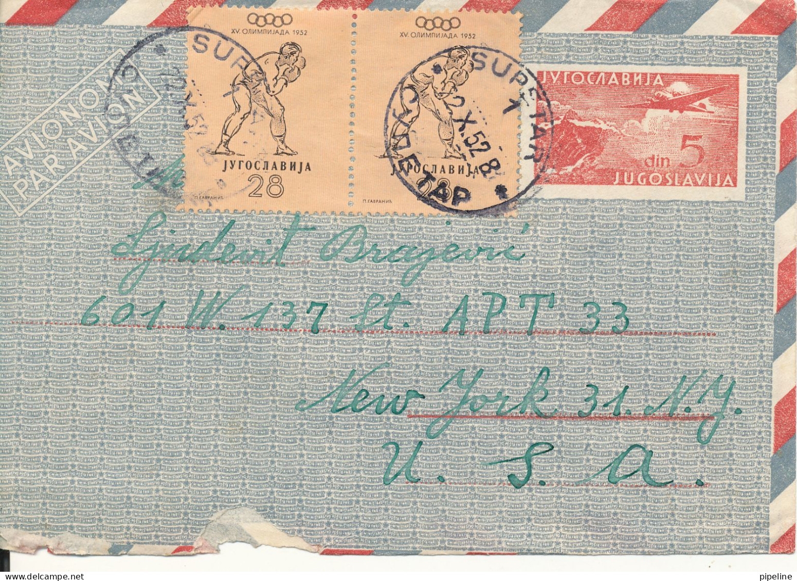 Yugoslavia Uprated Postal Stationery Sent To USA 22-10-1952 Also Stamps On The Backside Of The Cover - Ganzsachen