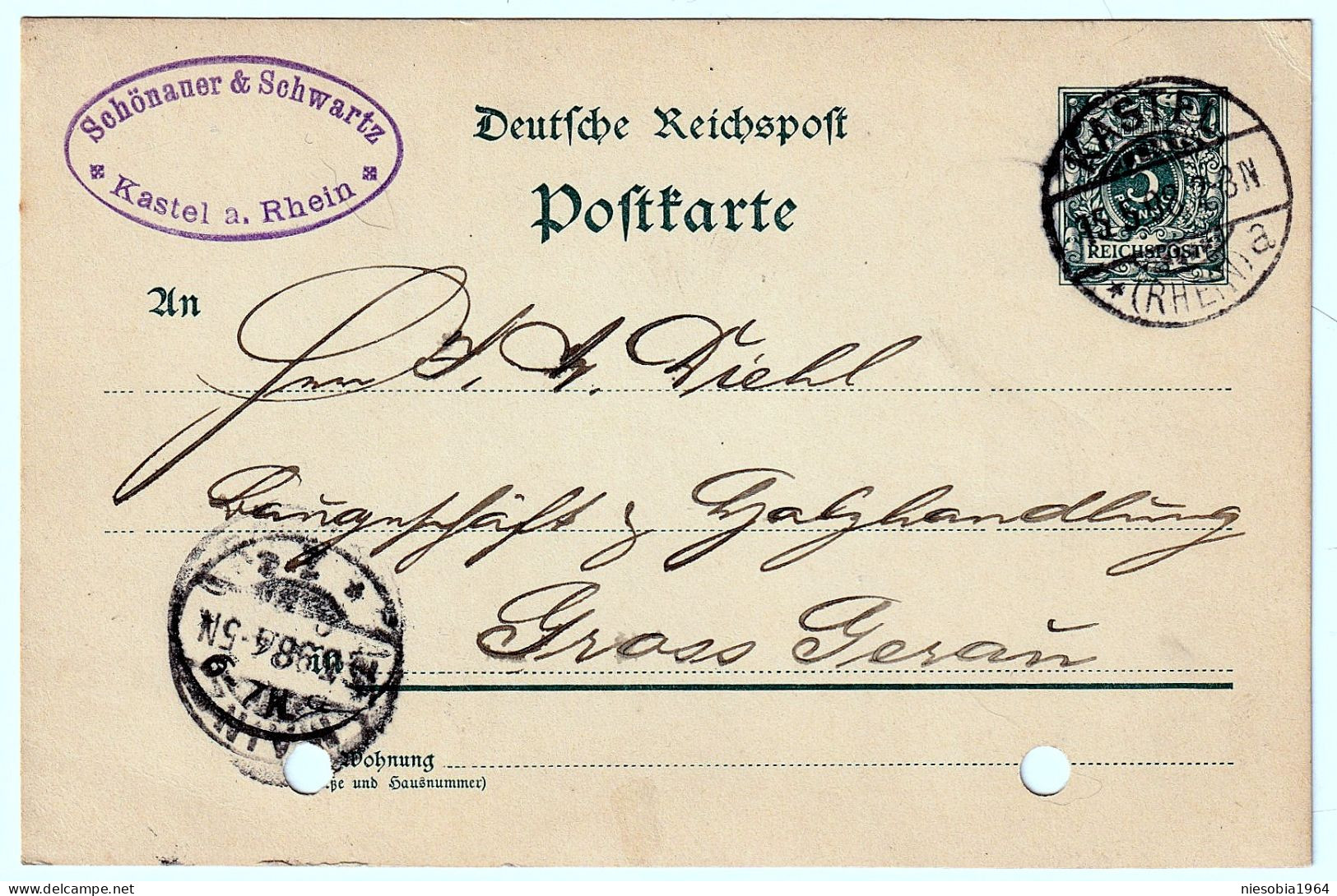 Imperial Germany 5 Pfennig Postcard 15.05.1898 Kastel Zu Mainz With Seal Schonauer & Schwartz Kastel A, Rhein - Cartes Postales
