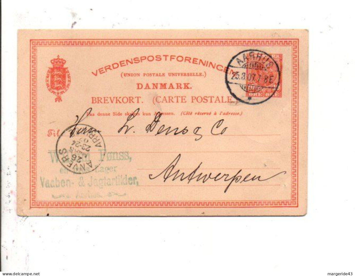 ENTIER DE AARHUS POUR LA BELGIQUE1907 - Storia Postale
