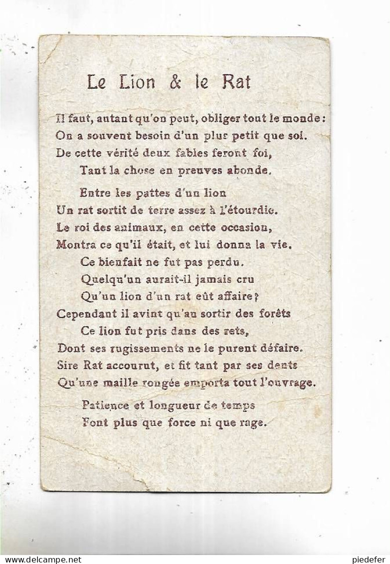 Petite Fiche  Sur Les Fables De LA FONTAINE " Le Lion Et Le Rat " - Texte Au Verso - Animales
