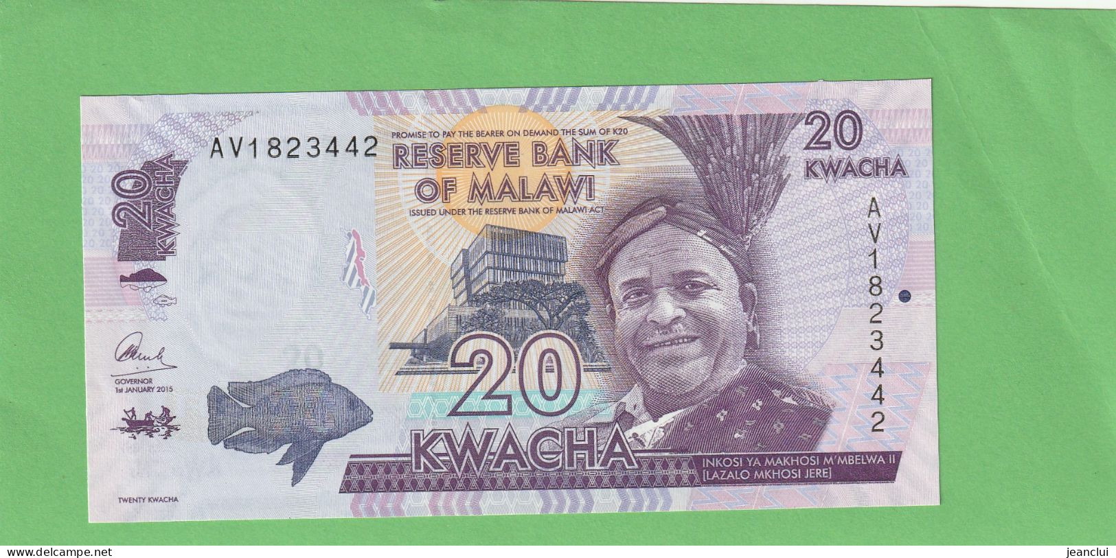 RESERVE BANK OF MALAWI  .  20 KWACHA  .  1-1-2015   .  N°  AV 1823442   .  2 SCANNES  .  ETAT LUXE  .  UNC - Malawi