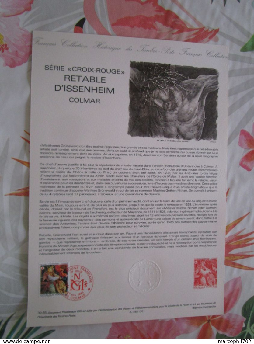 Document Officiel Serie Croix Rouge Retable D'issenheim 23/11/85 - Documents Of Postal Services