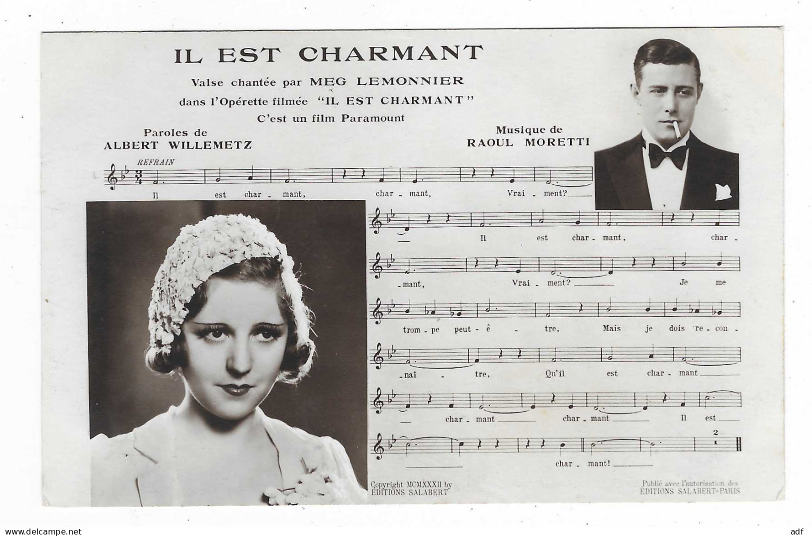 CPA PARTITION " IL EST CHARMANT ", VALSE, OPERETTE, PAROLES ALBERT WILLEMETZ, MUSIQUE DE RAOUL MORETTI - Musique Et Musiciens