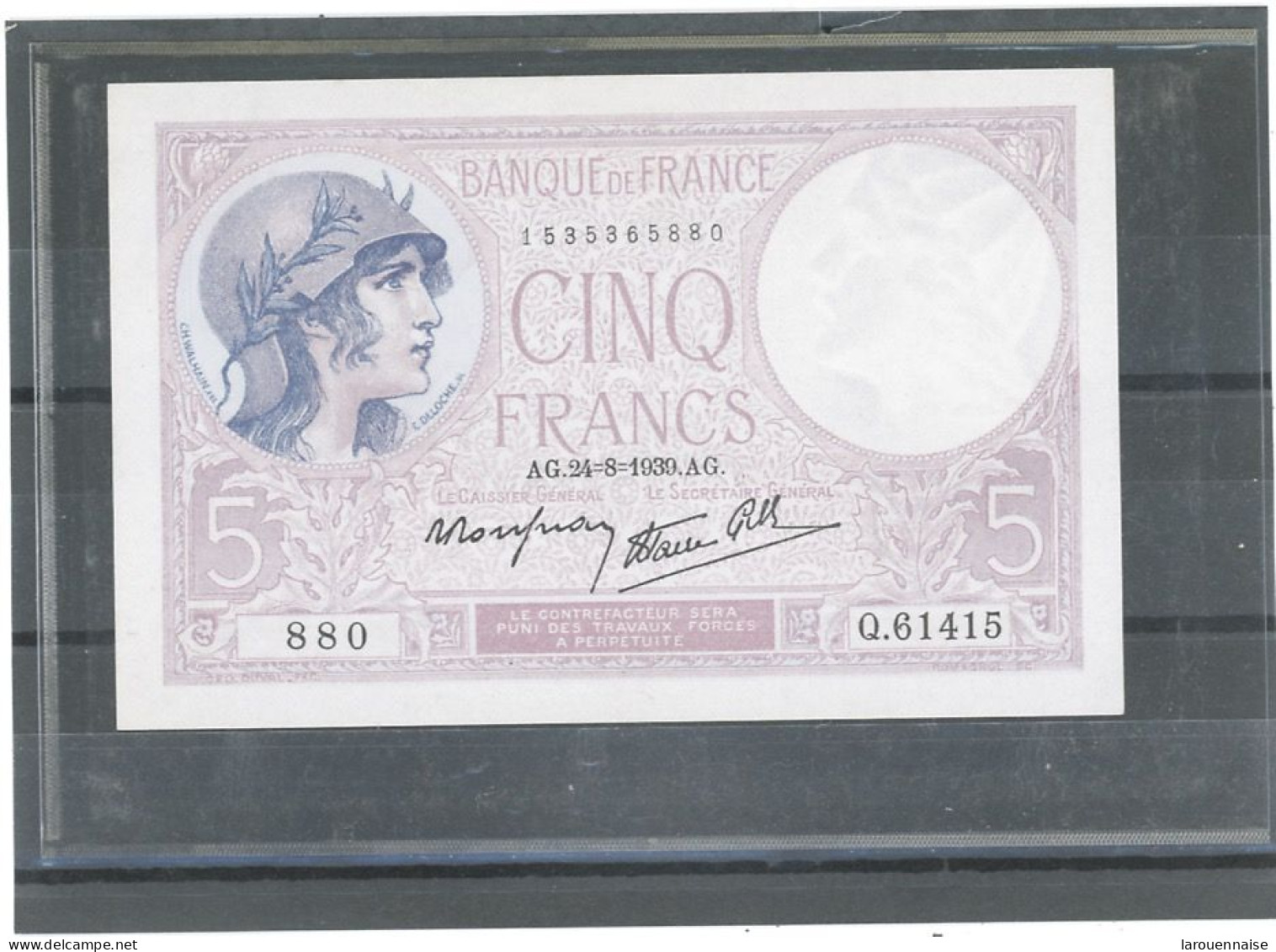 FRANCE -5F FEMME CASQUÉE -MODIFIÉ -24-8-1939- AG SERIE 880  FAYETTE - F.04 /07- ETAT : NEUF - 5 F 1917-1940 ''Violet''