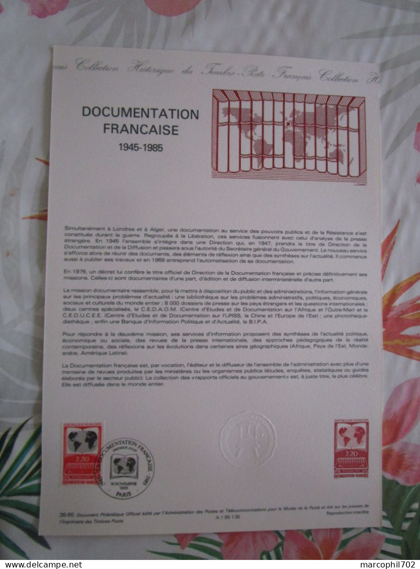 Document Officiel Documentation Francaise 16/11/85 - Documents De La Poste