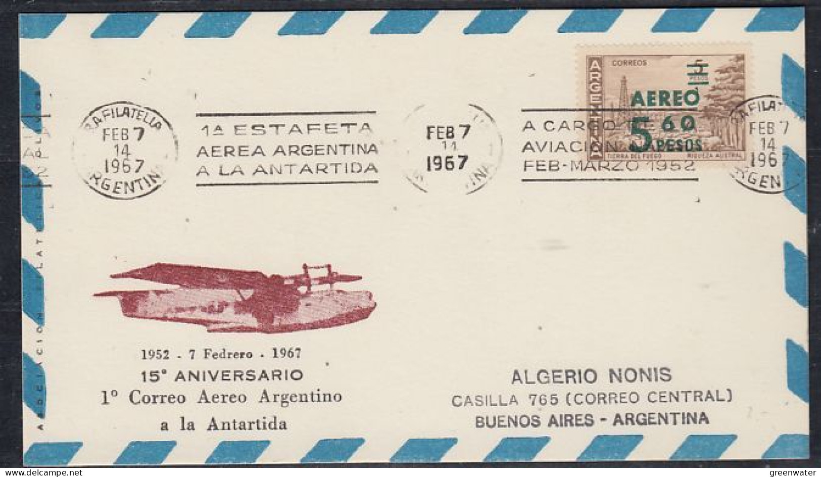 Argentina 1967 15e An. 1° Correo Aereo Argentina A La Antartida Ca FEB 7 1967 (59804) - Polare Flüge