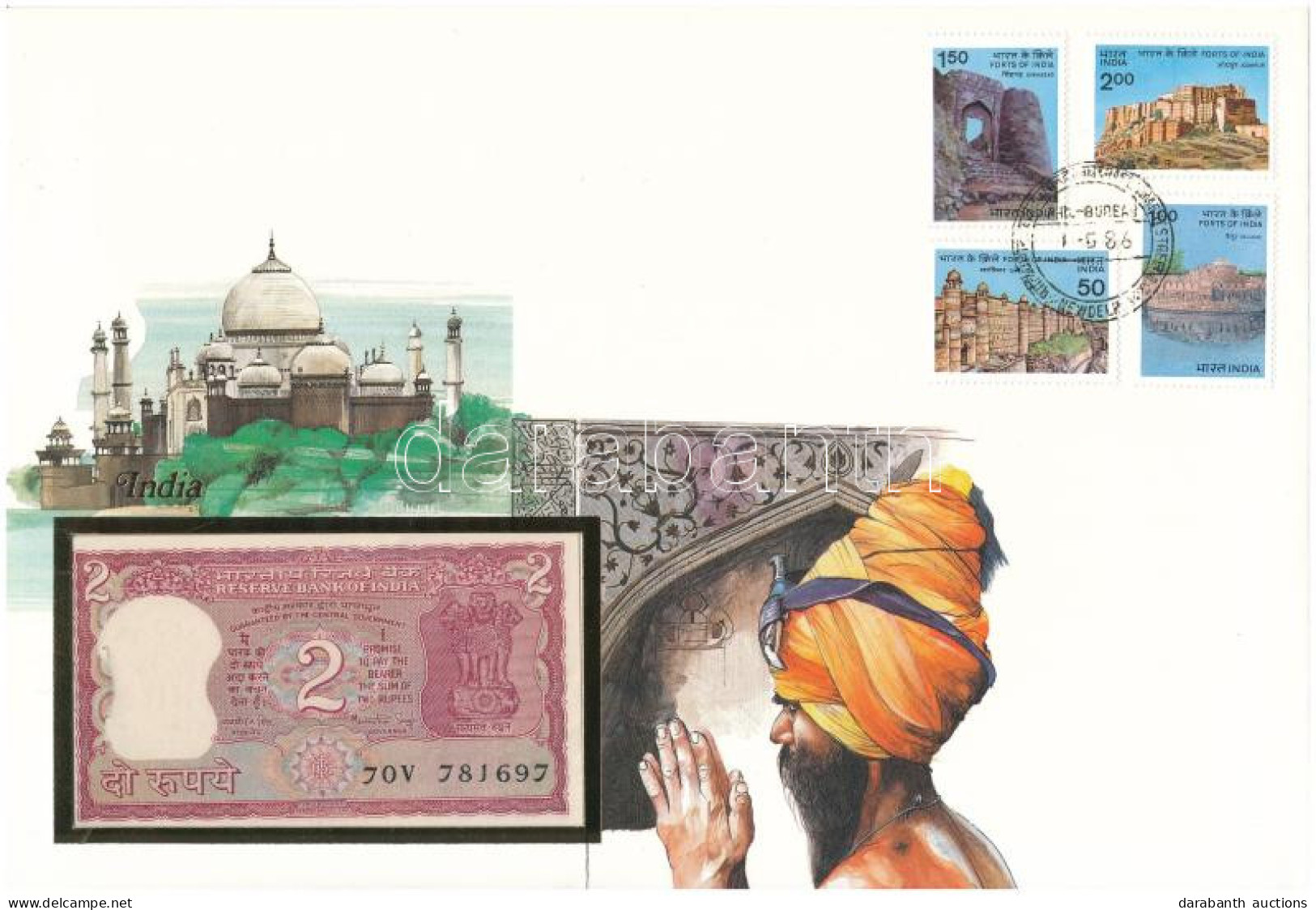 India DN 2R Felbélyegzett Borítékban, Bélyegzéssel T:UNC  India ND 2 Rupees In Envelope With Stamp And Cancellation C:UN - Zonder Classificatie