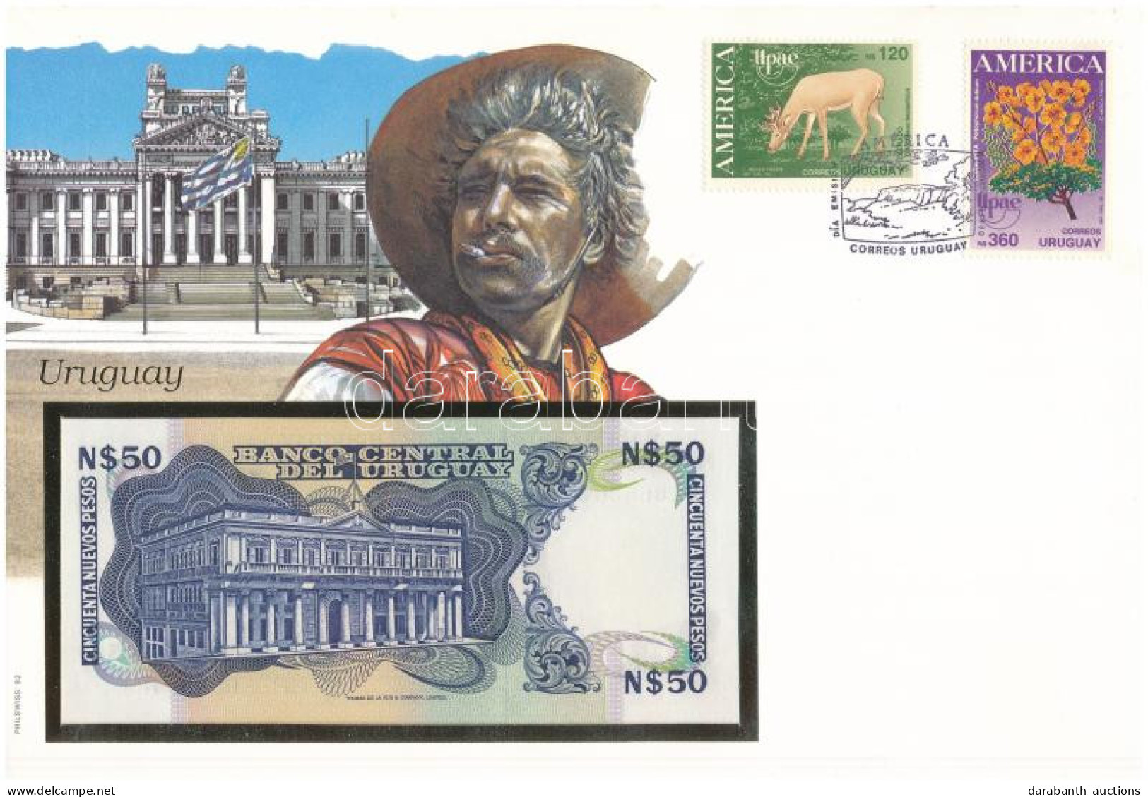 Uruguay 1989. 50P Borítékban, Alkalmi Bélyeggel és Bélyegzéssel T:UNC Uruguay 1989. 50 Pesos In Envelope With Stamps And - Zonder Classificatie