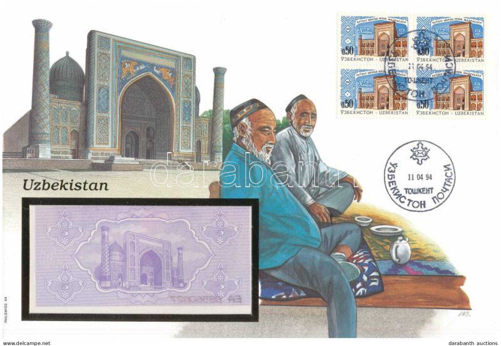 Üzbegisztán 1992. 5S Felbélyegzett Borítékban, Bélyegzéssel T:UNC Uzbekistan 1992. 5 So'm In Envelope With Stamp And Can - Ohne Zuordnung