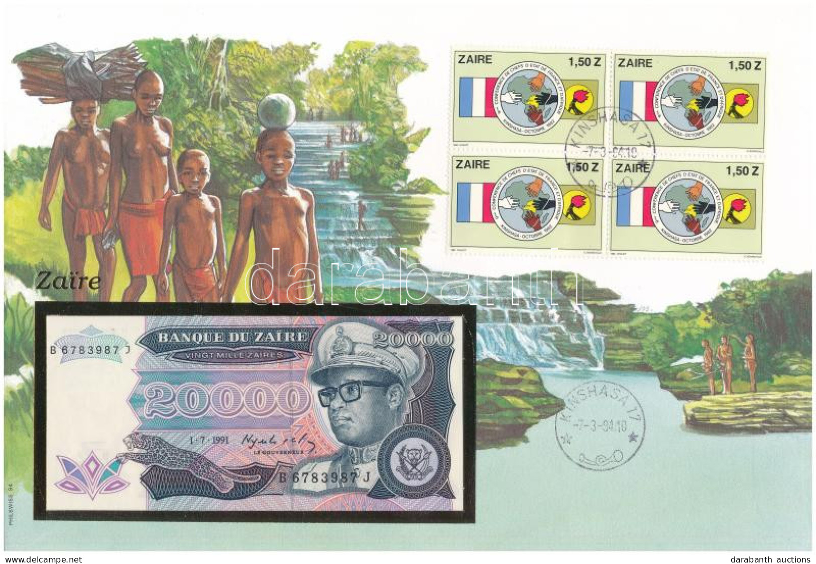 Zaire 1991. 20.000Z Felbélyegzett Borítékban, Bélyegzéssel T:UNC Zaire 1991. 20.000 Zaires In Envelope With Stamp And Ca - Ohne Zuordnung