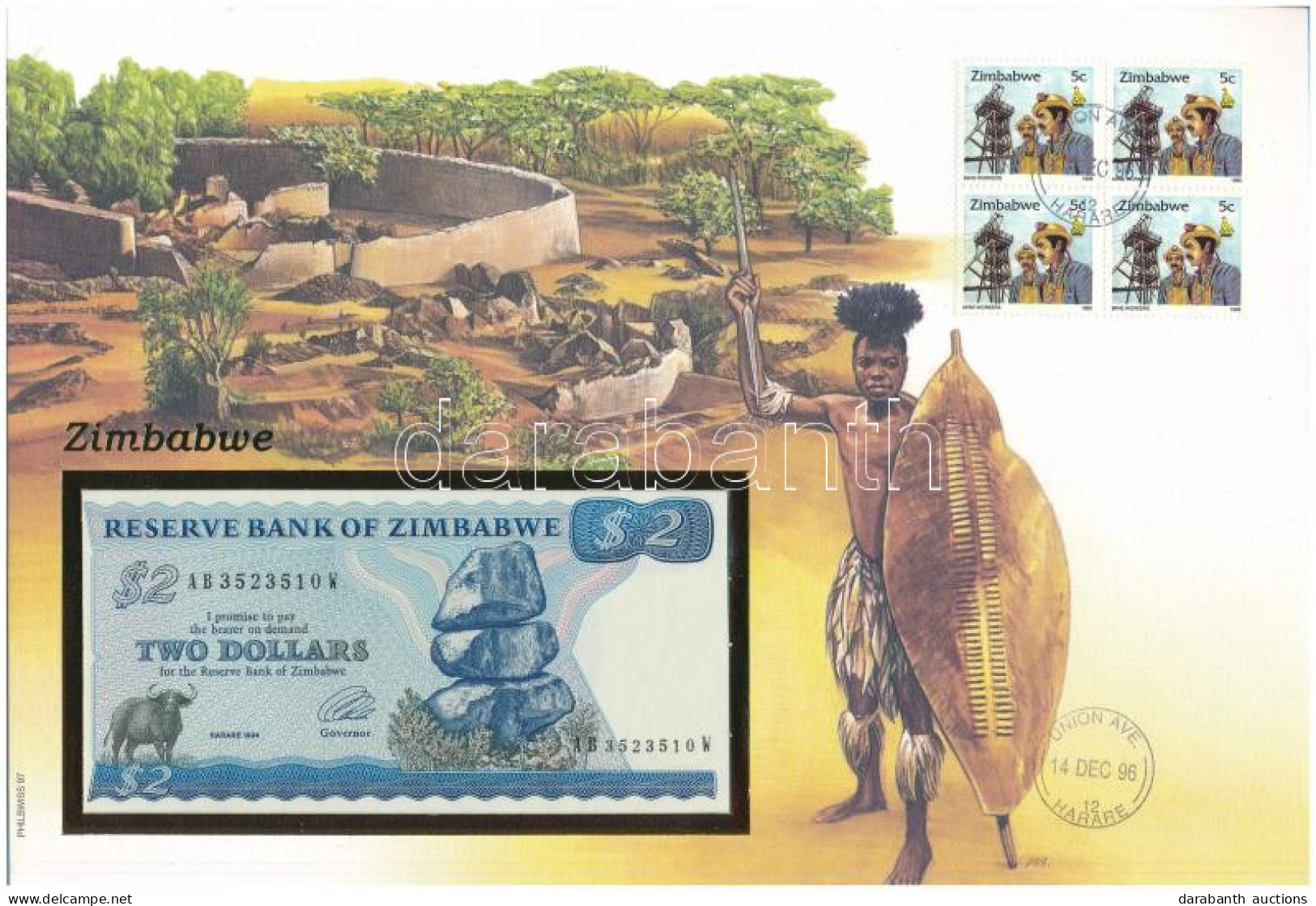 Zimbabwe 1994. 2D, Felbélyegzett Borítékban, Bélyegzéssel T:UNC Zimbabwe 1994. 2 Dollars In Envelope With Stamp And Canc - Ohne Zuordnung