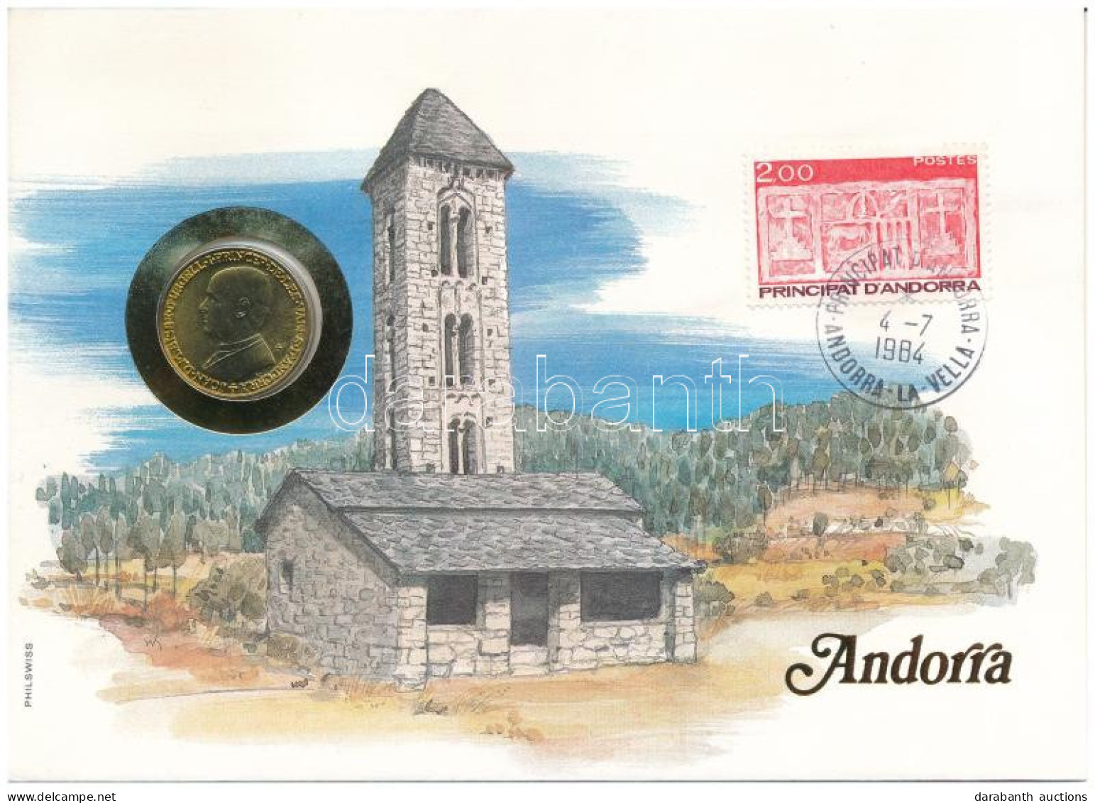 Andorra 1983. 1D Felbélyegzett Borítékban, Bélyegzéssel, Német Nyelvű Leírással T:UNC  Andorra 1983. 1 Diner In Envelope - Ohne Zuordnung