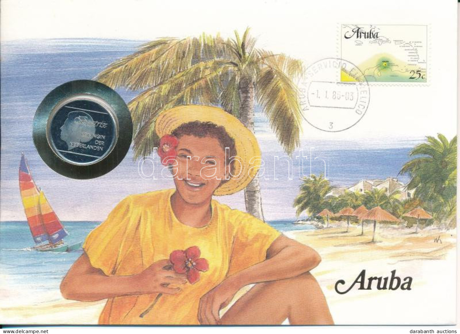 Aruba 1988. 1Fl Cu-Ni "Beatrix" Bélyeges érmés Borítékon, Német Nyelvű Ismertetővel T:XF (eredetileg PP) Aruba 1988. 1 F - Ohne Zuordnung