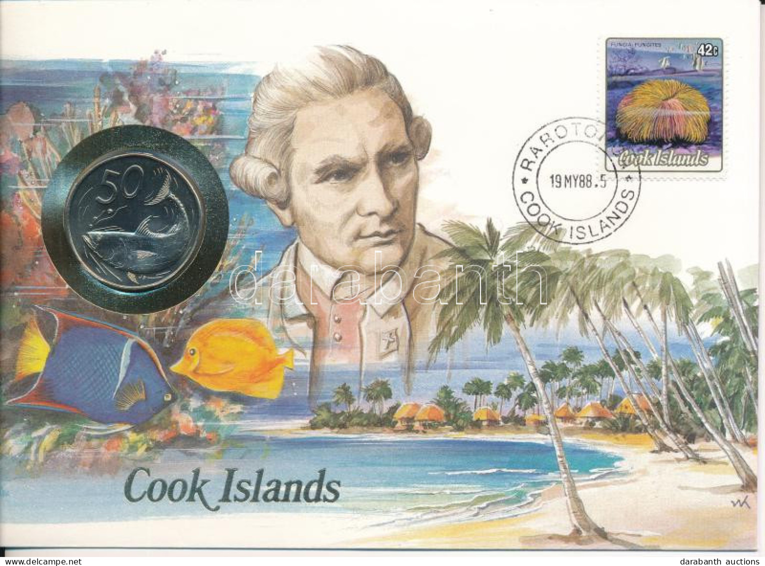 Cook-szigetek 1987. 50c Cu-Ni Felbélyegzett Borítékban, Bélyegzéssel, Német Nyelvű Leírással T:UNC  Cook Islands 1987. 5 - Ohne Zuordnung