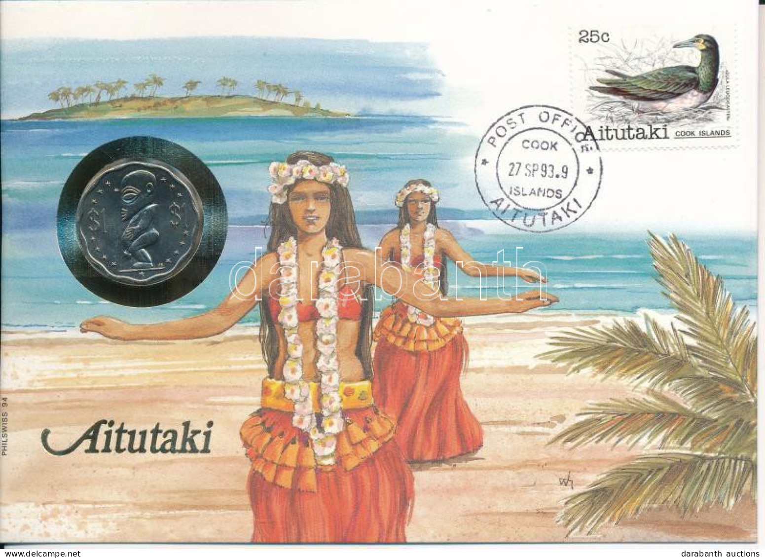 Cook-szigetek / Aitutaki 1992. 1$ Cu-Ni Felbélyegzett Borítékban, Bélyegzéssel, Német Nyelvű Tájékoztatóval T:UNC Cook I - Non Classés