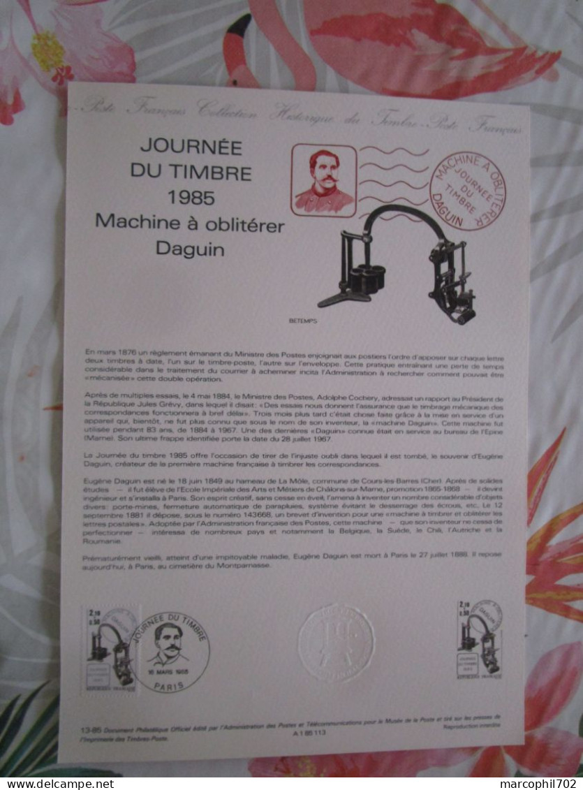 Document Officiel Journée Du Timbre 1985 Machine A Obliterer Daguin 10/3/85 - Documents Of Postal Services