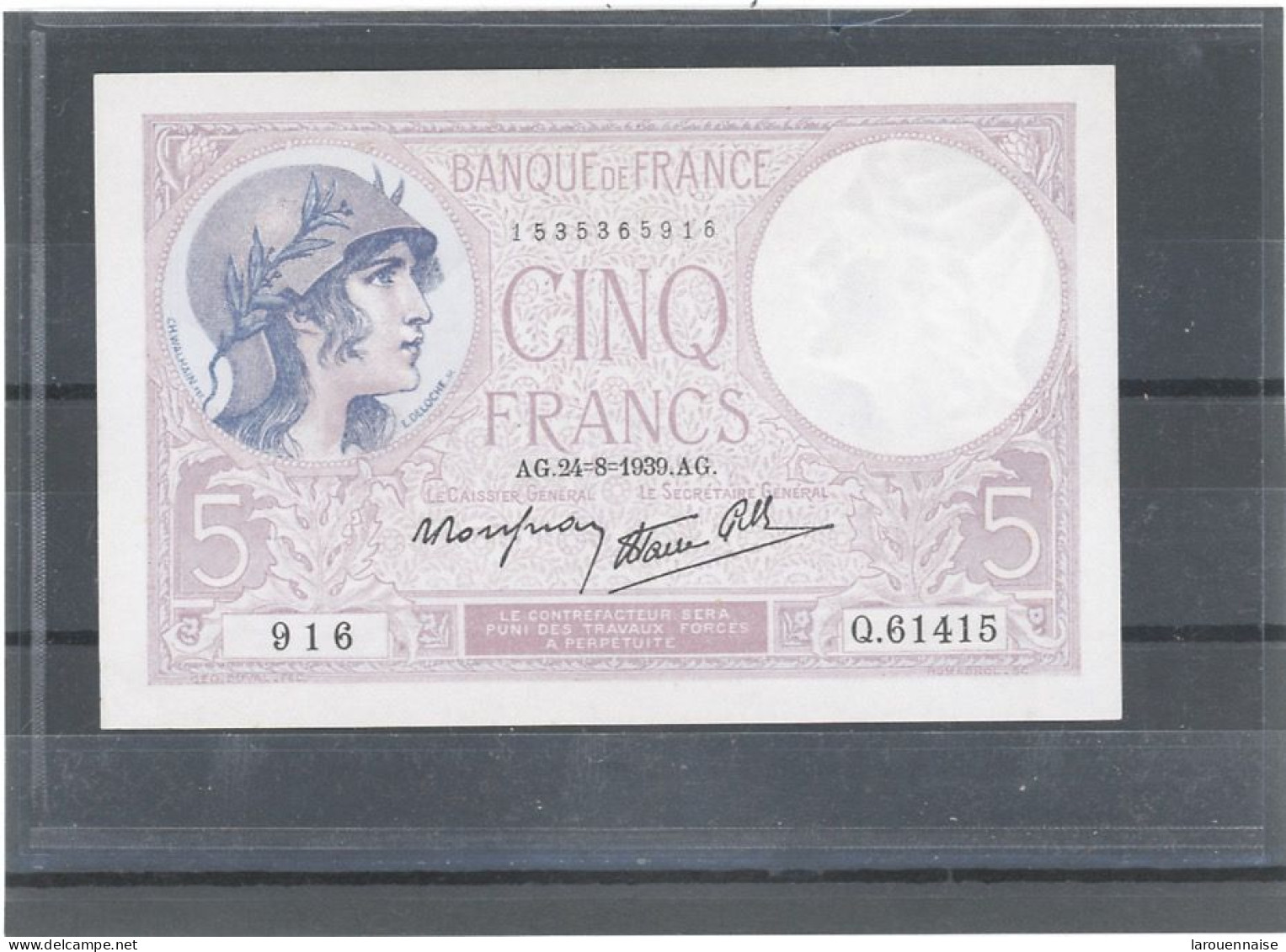 FRANCE -5F FEMME CASQUÉE -MODIFIÉ -24-8-1939- AG SERIE 916  FAYETTE - F.04 /07- ETAT : NEUF - 5 F 1917-1940 ''Violet''