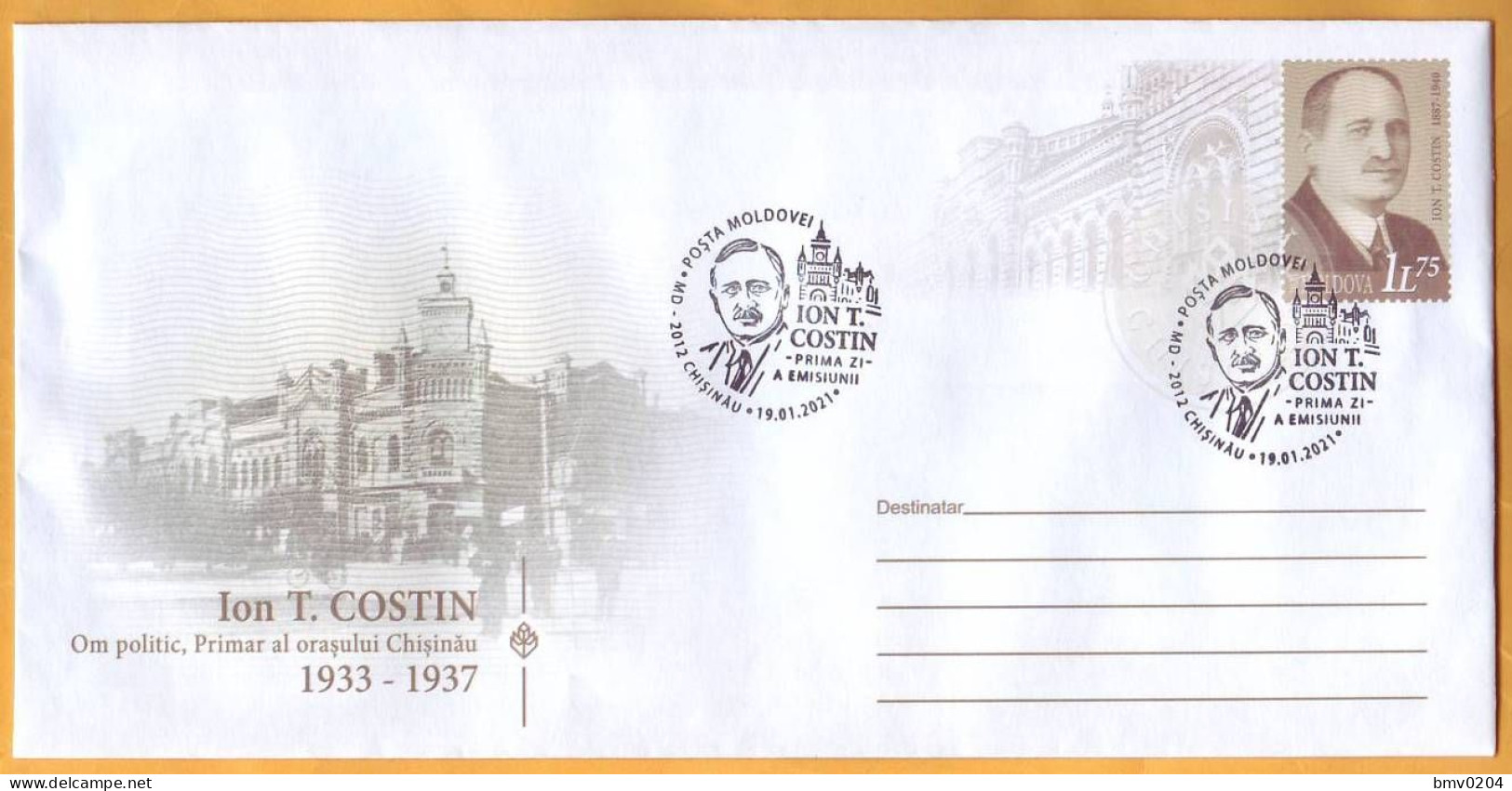 2021 Moldova Moldavie  FDC Ion T. Kostin, Chisinau, City Hall, Politician, History - Moldawien (Moldau)