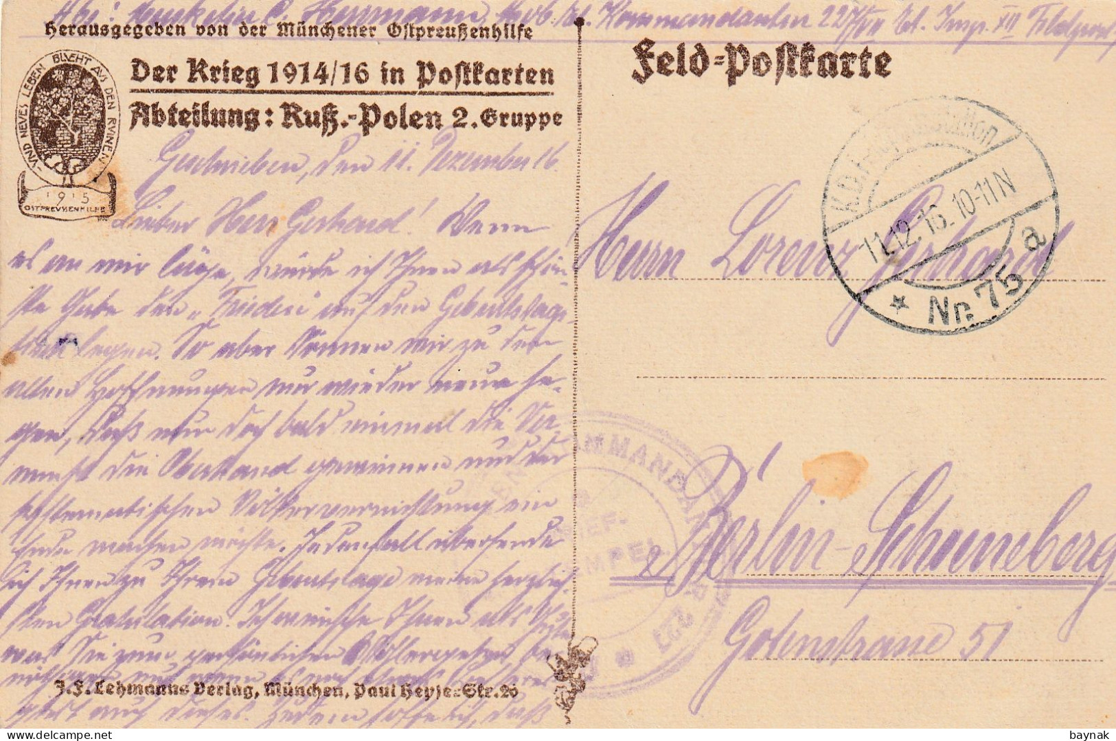 PL1434  --  NAREW  --  STELLUNG    SUDLICH OSTROLENKA  --  DEUTSCHE FELDPOST -  1916  --  Nr 75 - Polen