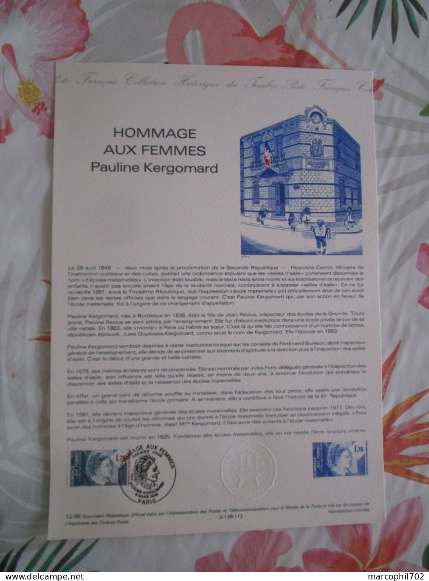 Document Officiel Hommage Aux Femmes 8/3/85 - Documents Of Postal Services