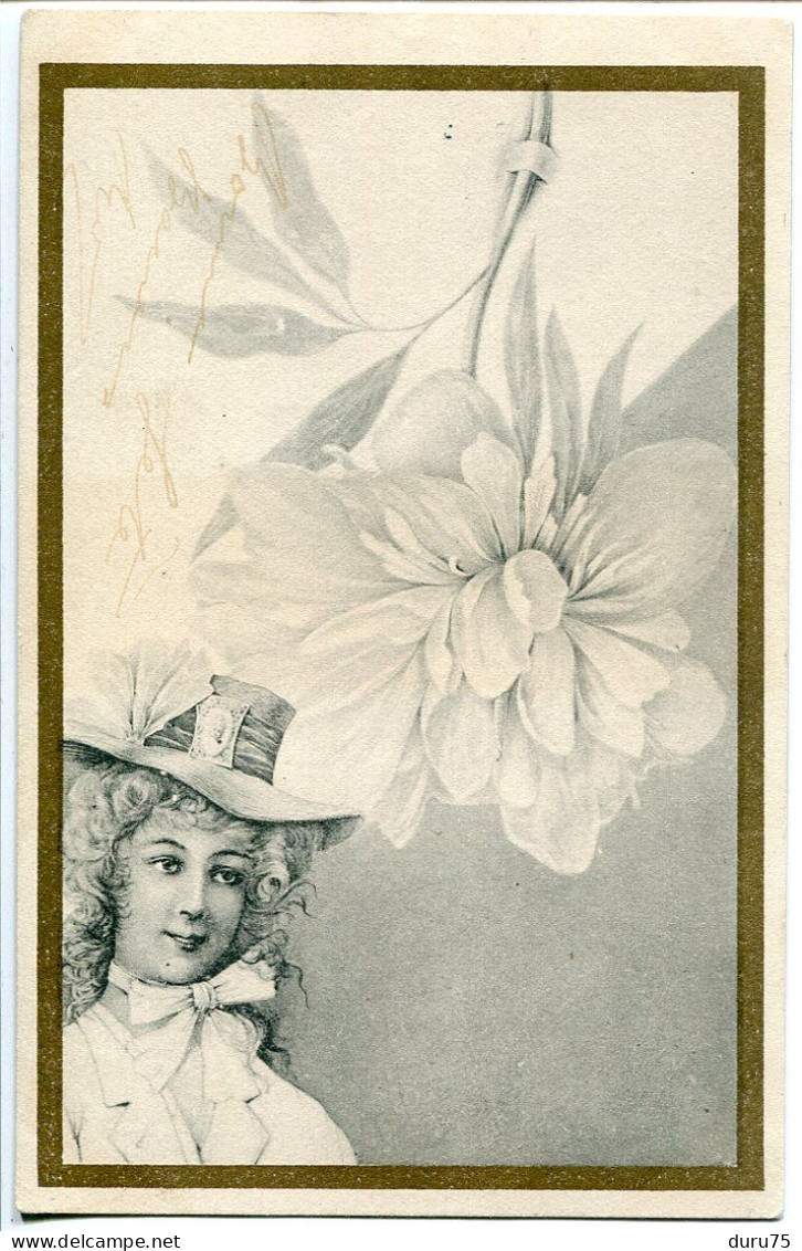 Pionnière Noir Et Blanc Voyagé * Vue Originale Jeune Femme Au Chapeau En Bas Et Grosse Fleur Suspendue Au Dessus - Femmes