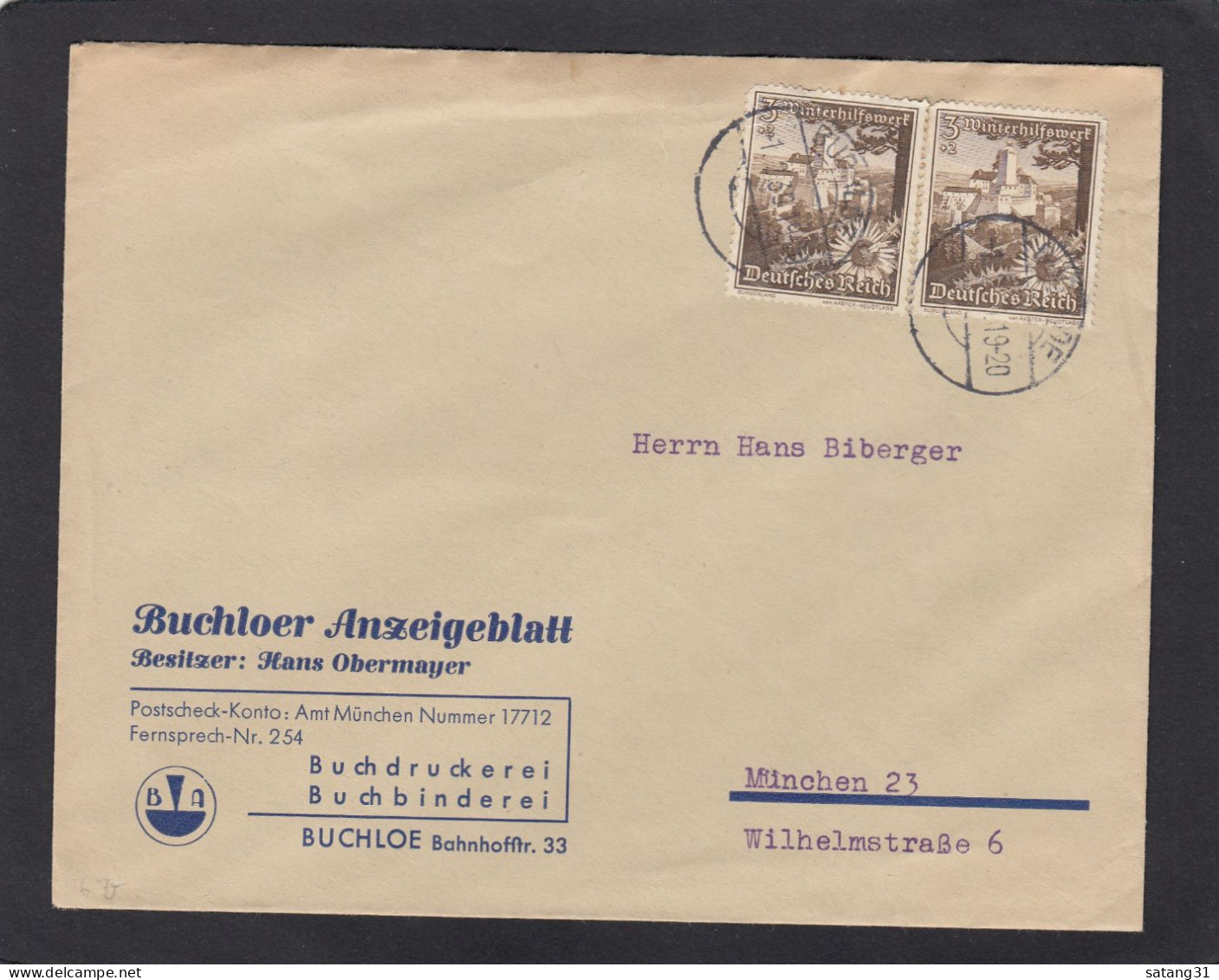 BUCHLOER ANZEIGEBLATT. BRIEF AUS BUCHLOE NACH MÜNCHEN,1939. - Briefe U. Dokumente
