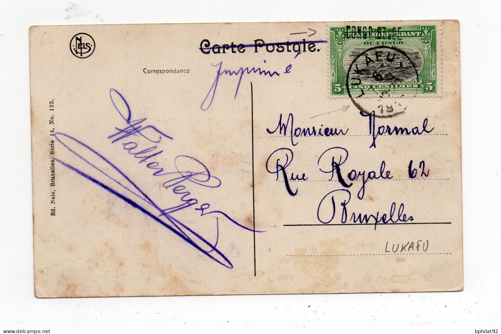 !!! TIMBRE DU CONGO SURCHARGE CONGO BELGE SUR CPA DE 1920 CACHET DE LUKAFU - Brieven En Documenten