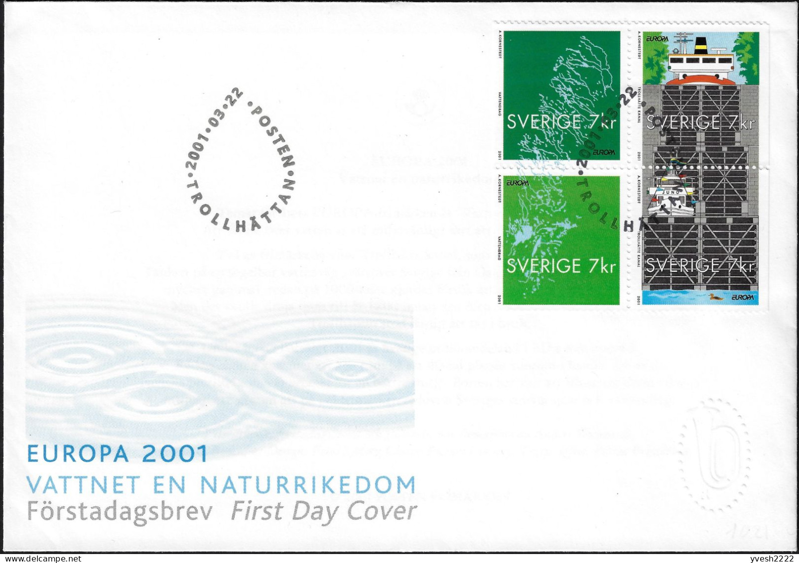 Suède 2001 Y&T 2214 à 2217 Sur FDC, Europa L'eau, Canal - 2001